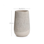 A tall, textured vase with a natural wood pattern features dimensions of 16.9 inches in diameter and 27.2 inches in height, embodying a modern minimalist aesthetic against a plain background.