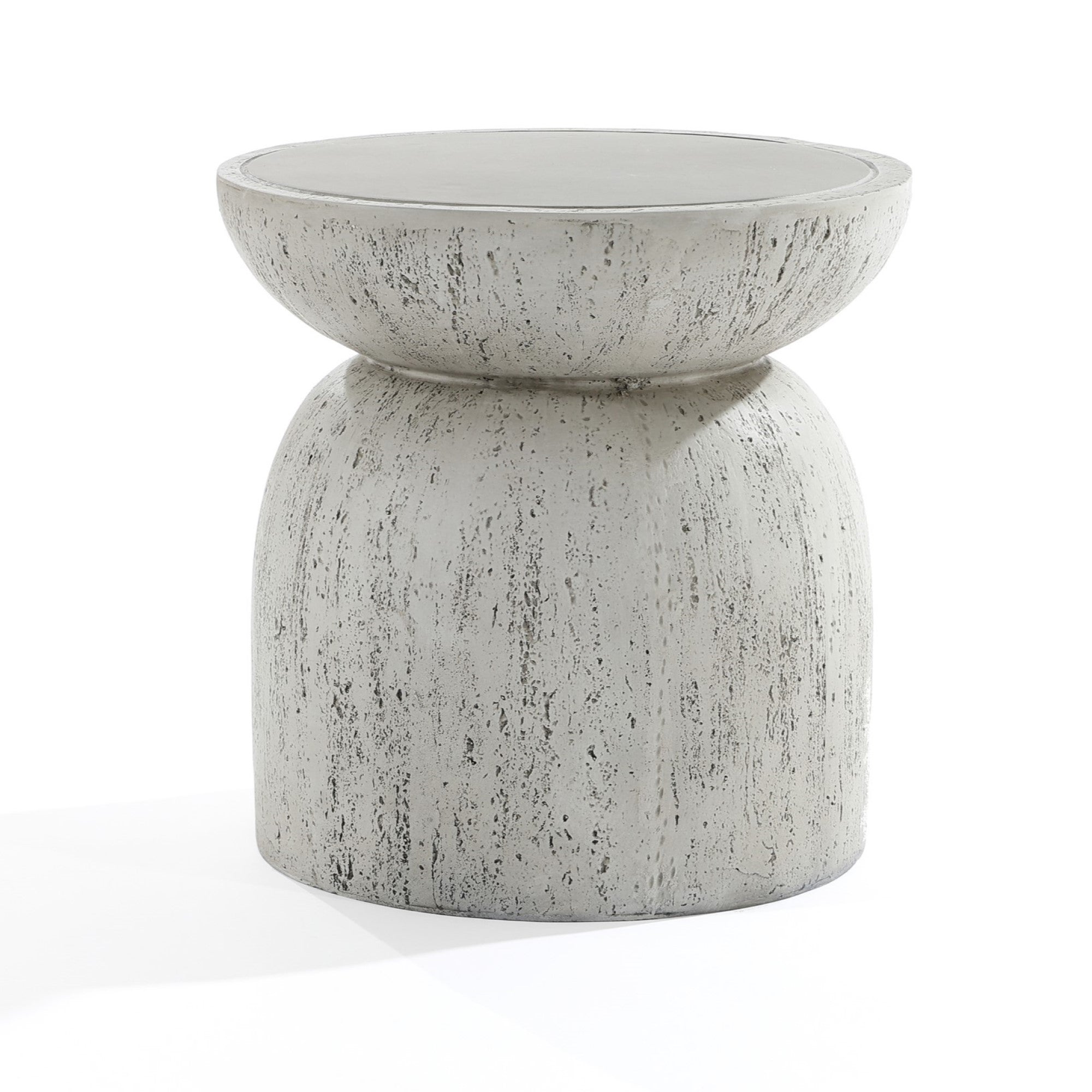 The Rustic off White and Gray Outdoor Side Table, 15.75 high, offers a round concrete design with a wider top, narrower base, and smooth surface showcasing antique weathering in speckled gray for a modern minimalist look.