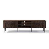 Mid-century modern TV console table featuring a dark wood checkered pattern on the side doors, open shelves in the center.