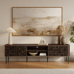 Dark wood TV console table with textured doors and ample storage, above for a refined mid-century modern look.