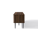 Side view of a mid-century modern wooden cabinet with a dark finish and four black legs.