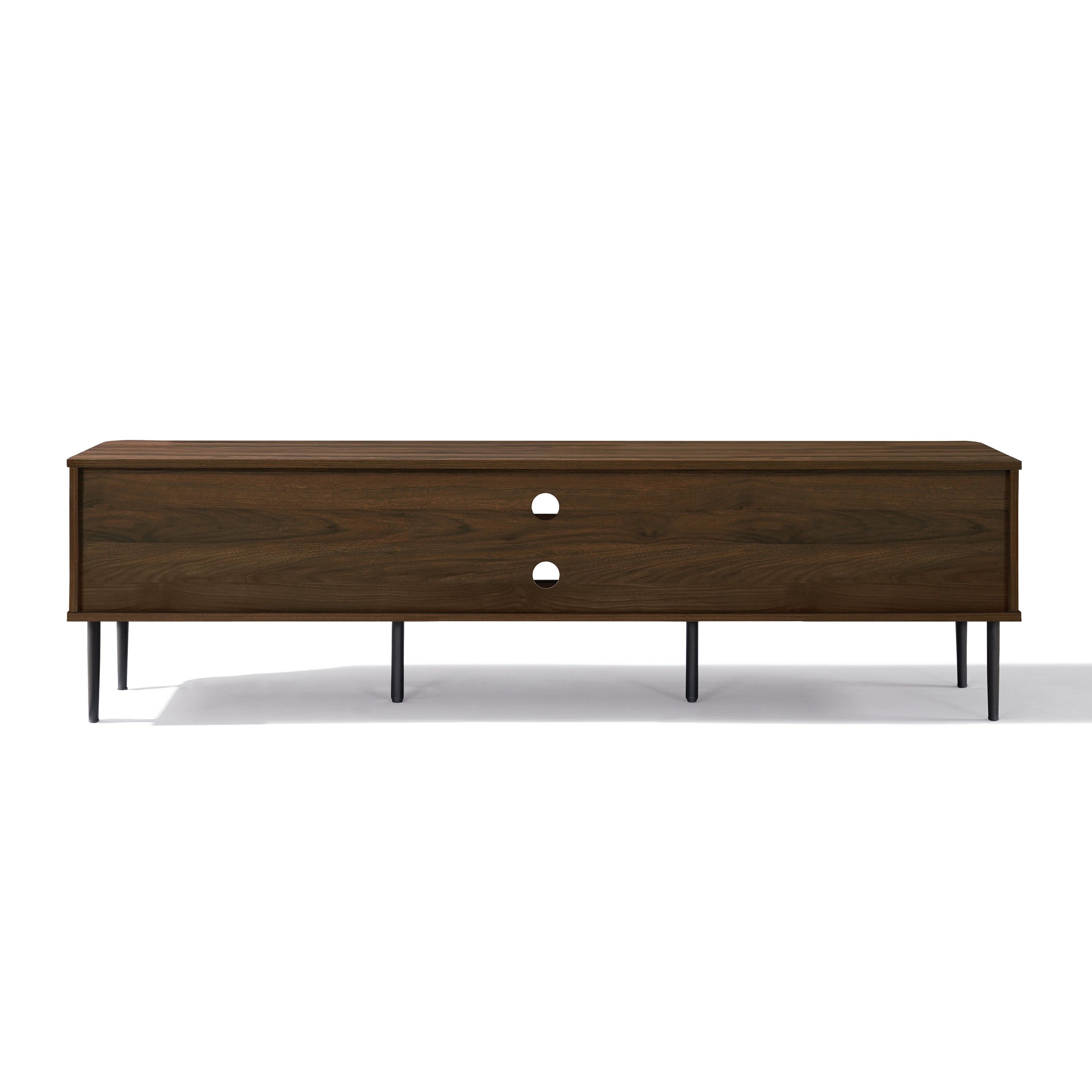Modern wooden TV console table with two drawers, central cable management holes, offers ample storage .