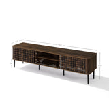Rectangular wooden TV console table labeled size in inches for overall and shelf measurements.