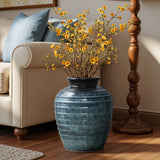 Rippled Blue with Brown Round Tall Ceramic Vase, 15.8"H