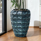Tall Ceramic Planter Pot for Indoor Outdoor Plants with Drainage Hole, Blue 14''