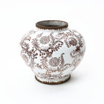 Elegant waterproof round ceramic vase piece features a wide neck and intricate brown floral motifs.