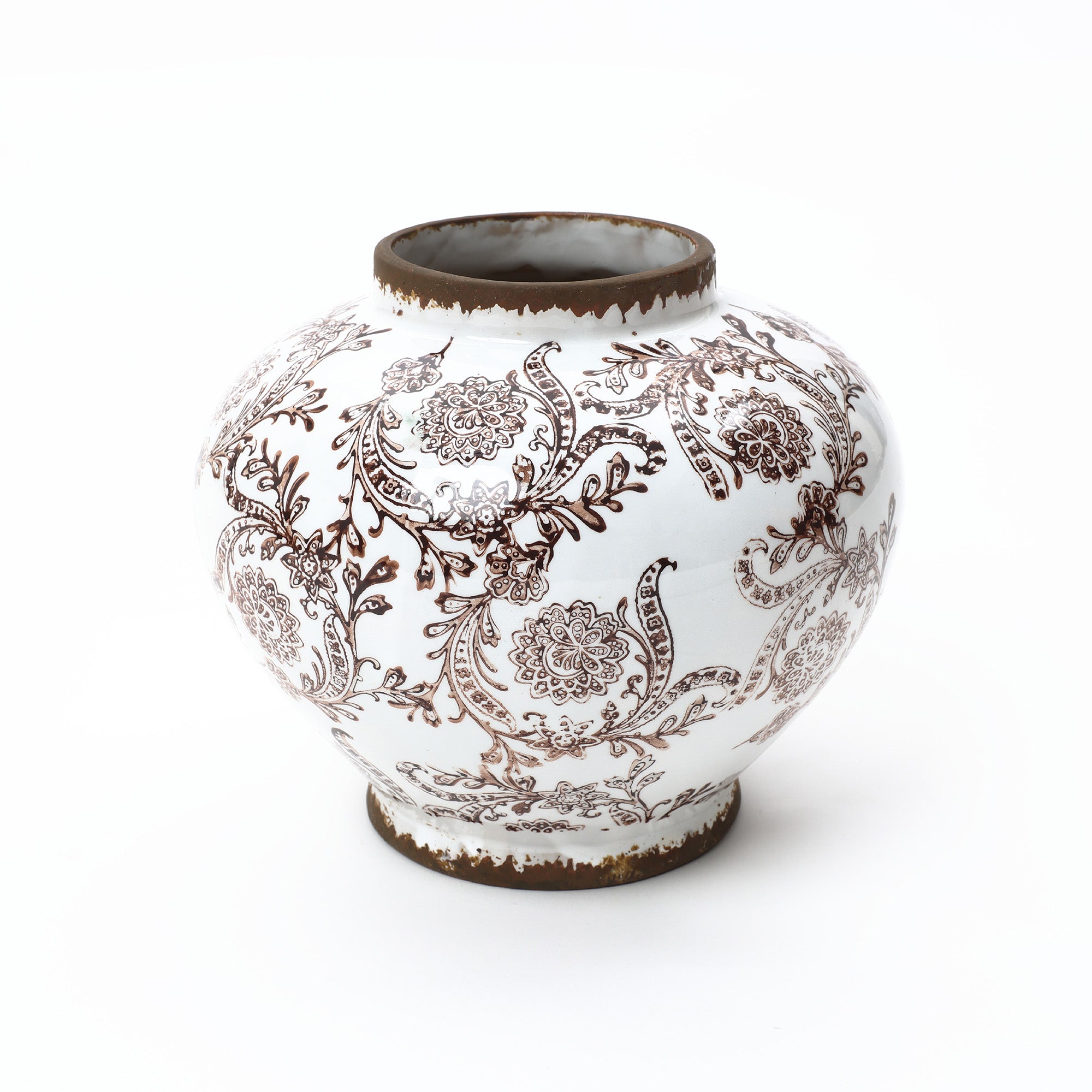 Elegant waterproof round ceramic vase piece features a wide neck and intricate brown floral motifs.