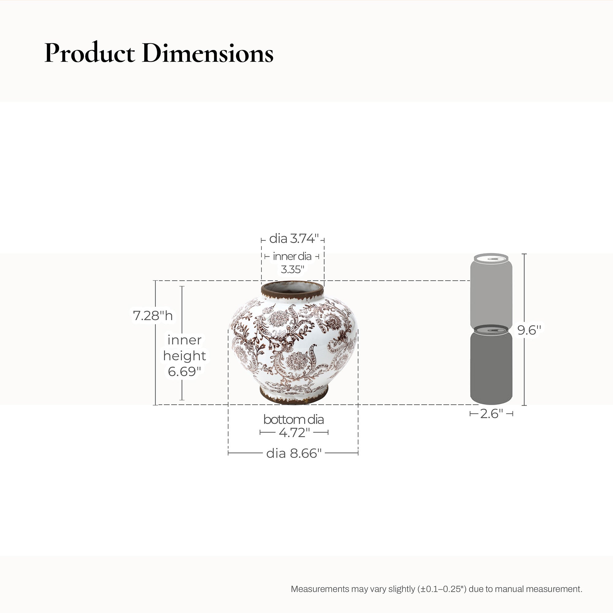 Waterproof ceramic vase size: 7.28" H, 6.69" inner H, 3.74" top dia, 4.72" bottom dia, and 8.66" widest dia.