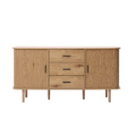 Buffet cabinet sideboard, a mid century storage cabinet with three drawers and two cabinets, displayed on a white background to highlight its wood finish and design.