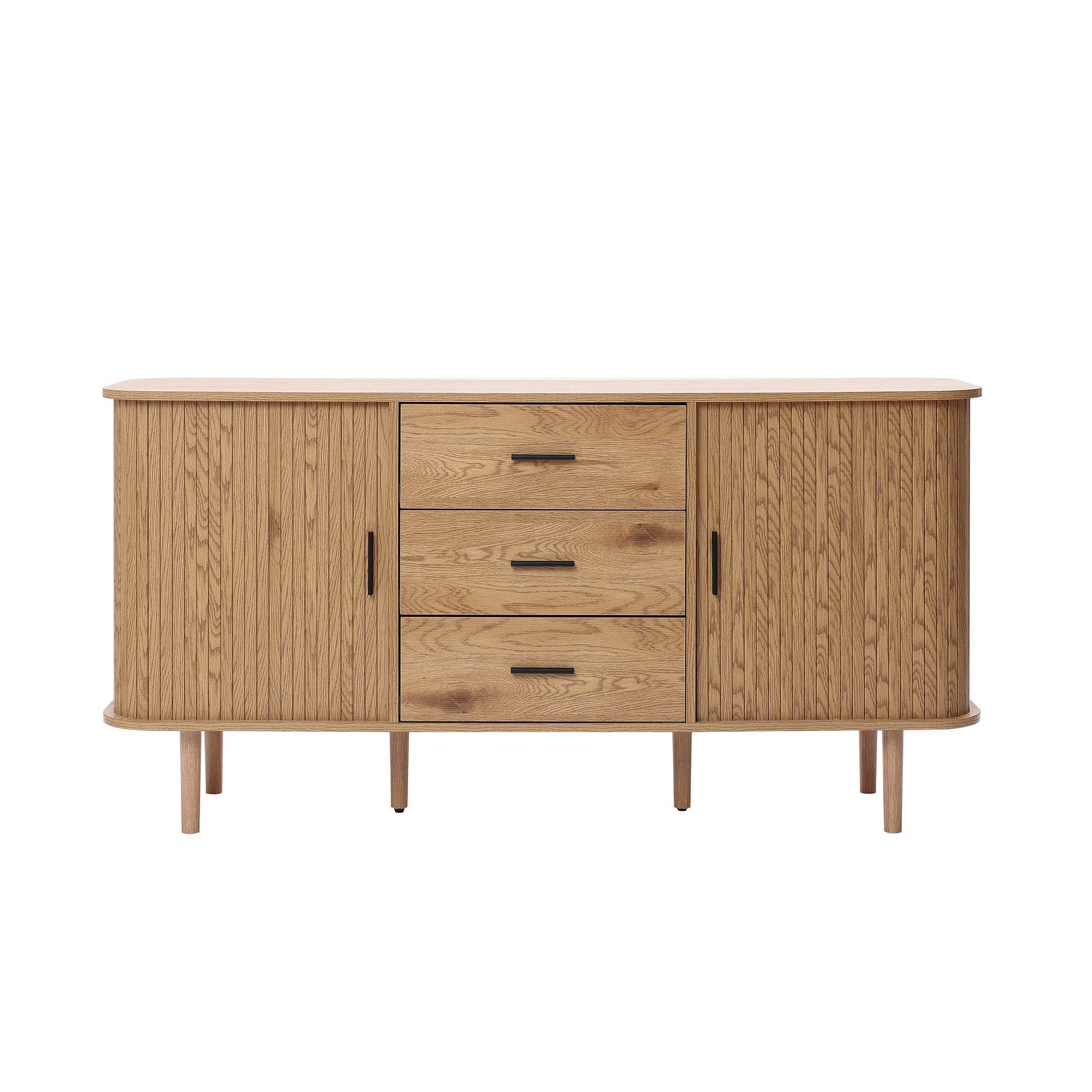 Buffet cabinet sideboard, a mid century storage cabinet with three drawers and two cabinets, displayed on a white background to highlight its wood finish and design.