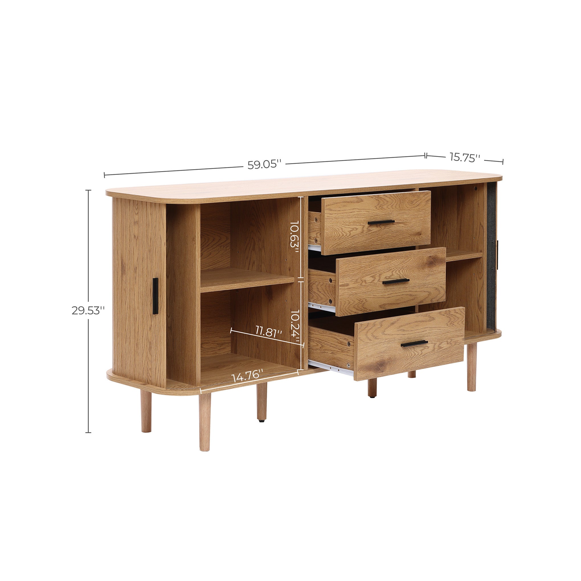 Buffet cabinet sideboard, a mid century storage cabinet with three open drawers and two shelves, displaying dimensions 59.05 W x 29.53 H x 15.75 D with drawer and shelf measurements marked for storage planning.