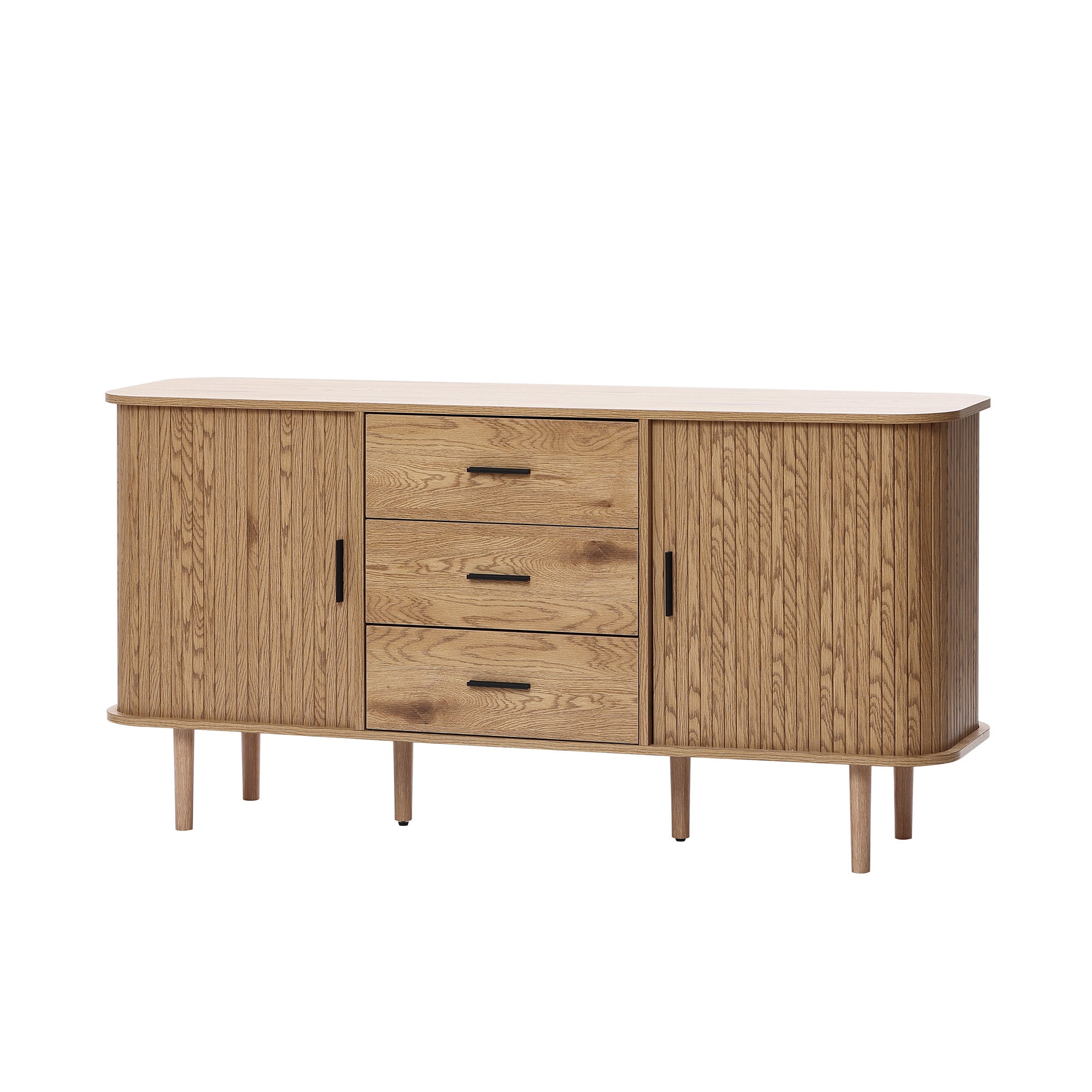 Buffet cabinet sideboard, a mid century wood storage cabinet with two side cabinets and three central drawers, featuring horizontal handles and a natural wood finish, displayed on a white background.