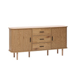 Buffet cabinet sideboard, a wooden oak mid century storage cabinet with two side cabinets and three central drawers, featuring simple black handles and rounded edges, displayed on a white background.