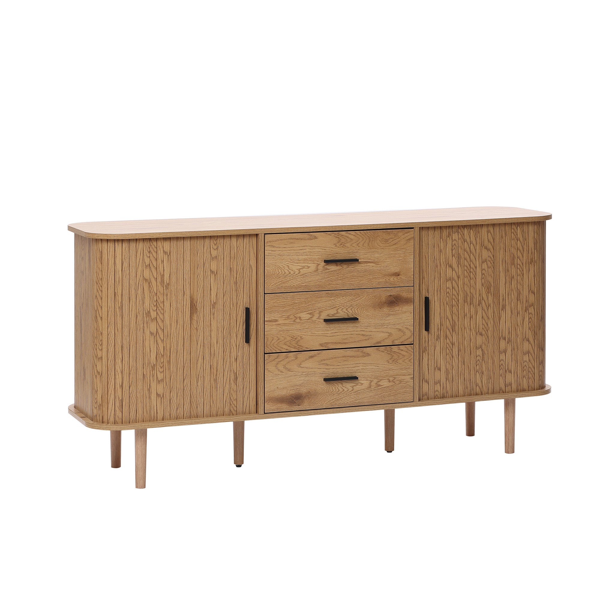 Buffet cabinet sideboard, a wooden oak mid century storage cabinet with two side cabinets and three central drawers, featuring simple black handles and rounded edges, displayed on a white background.