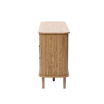 Buffet cabinet sideboard, side view of a mid century wood storage cabinet with a rounded edge, vertical wood grain, and four short legs, shown on a white background.