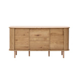 Buffet cabinet sideboard, a mid century wood storage cabinet with three central drawers and two doors, featuring rounded edges, slender legs, and ample storage space, shown on a white background.