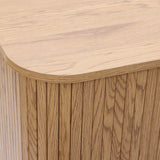 Buffet cabinet sideboard, close-up of the corner of a mid century storage cabinet with a light oak finish and vertical grain pattern, highlighting detailed craftsmanship.