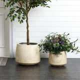 Beige ribbed stone-effect MgO short planters, set of 2