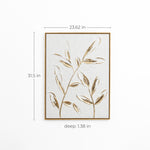 A framed high-end art piece showcasing a textured gold leaf motif on a pristine white background. Dimensions: 31.5 inches tall, 23.62 inches wide, and 1.38 inches deep, perfect as a modern wall decor accent for any sophisticated space.
