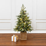 Pre-Lit Green Christmas Pine Tree with Wood Pot,3.9Ft