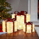 Pre-Lit Wavy-Design Holiday Gift Box Decorative, Set of 3