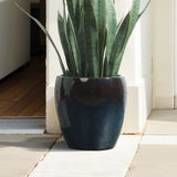 Gradient Blue Round Ceramic Planter, Glazed Plant Pots with Drainage 12'' Dia