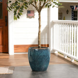 Blue Glazed Round Ceramic Planter Pot, Small Pots for Plants with Drainage Hole 12'' Dia