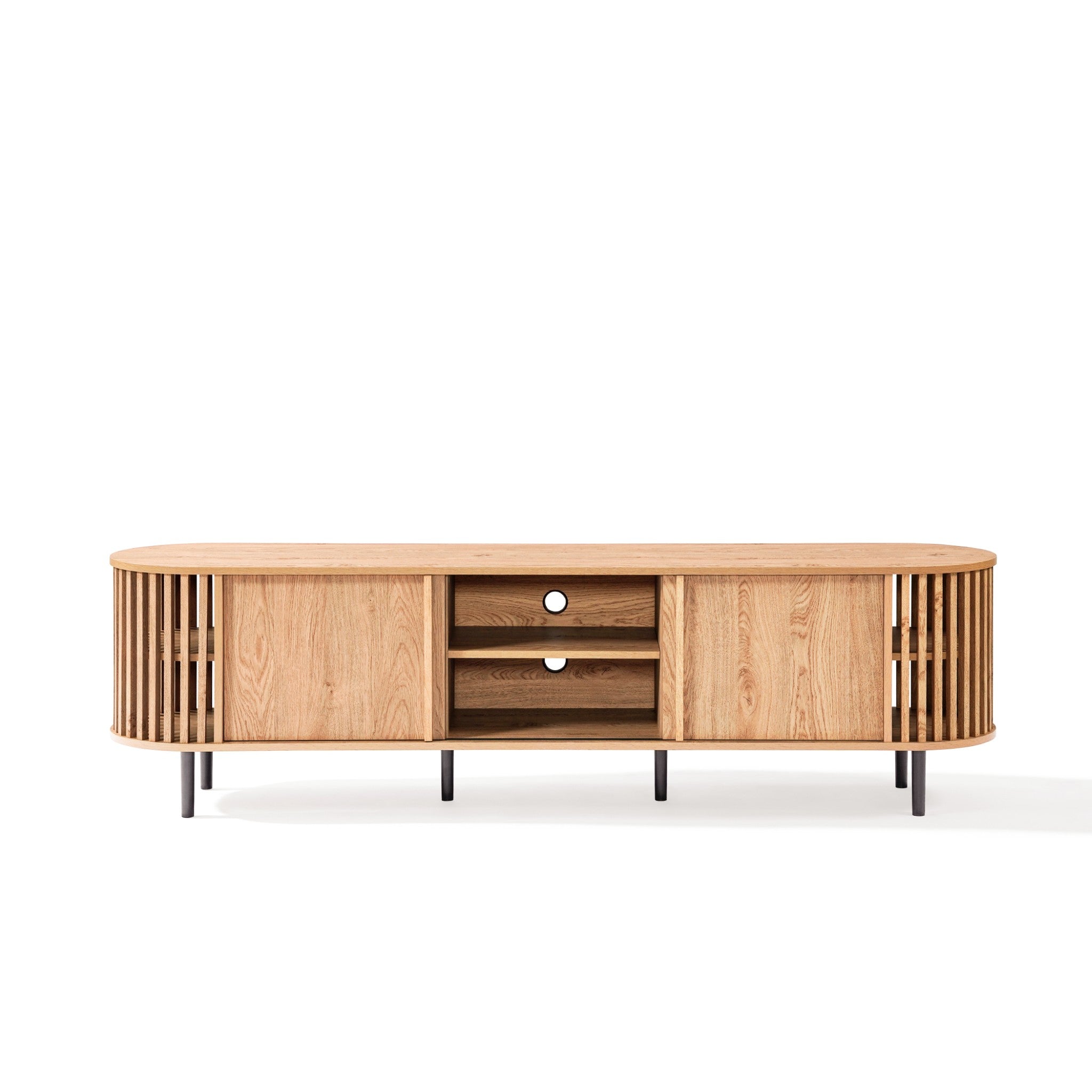A mid-century modern TV cabinet with rounded corners, open shelving in the middle, and two side cabinets enhanced by vertical slats. It features a natural finish paired with sleek black metal legs, balancing style and functionality seamlessly.