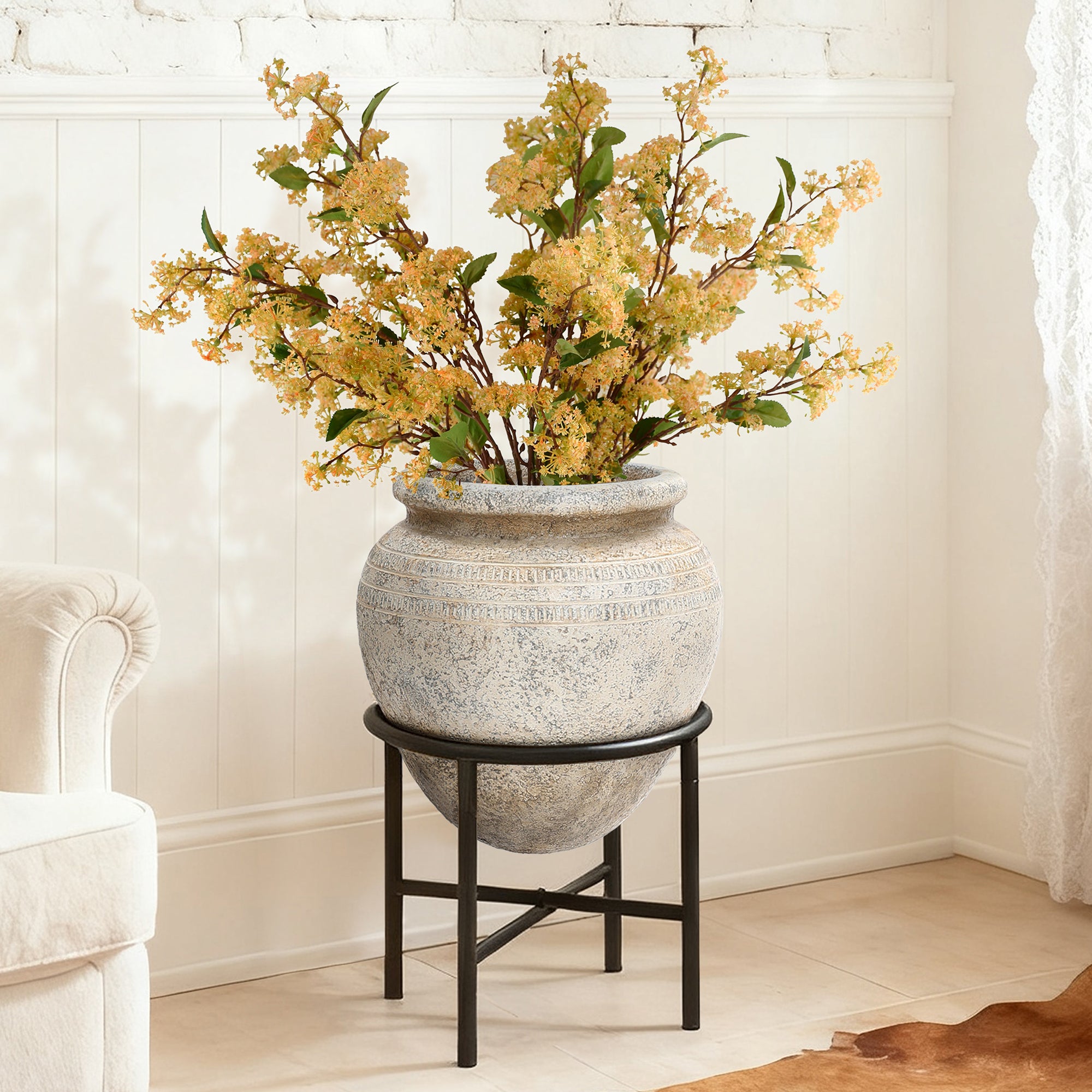 distressed vase with indoor plant Distressed Large Planters for Indoor Plants with Stand, 17.5" Dia