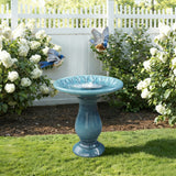 Blue-Green Glazed Outdoor Ceramic Pedestal Bird bath, 26.5"