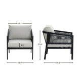 Two views of a black-framed armchair with gray waterproof cushions. This outdoor armchair, crafted from PE rattan, measures 25.6 inches wide and 27.6 inches high, featuring a seat depth of 30.1 inches and a back cushion thickness of 3.9 inches.