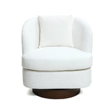 white fabric upholstered barrel back accent chair with swivel wood base