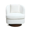 white fabric upholstered barrel back accent chair with swivel wood base