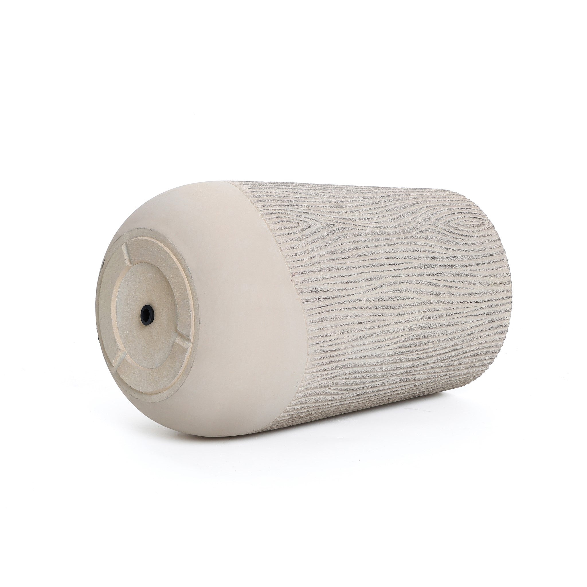 A cylindrical, textured gray foam roller with one flat end and one rounded end, reminiscent of a contemporary style planter, perfect for exercises and massages.