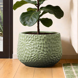 Green Large Round Planter with Floral Texture, Decorative Garden Plant Pot 16'' Dia