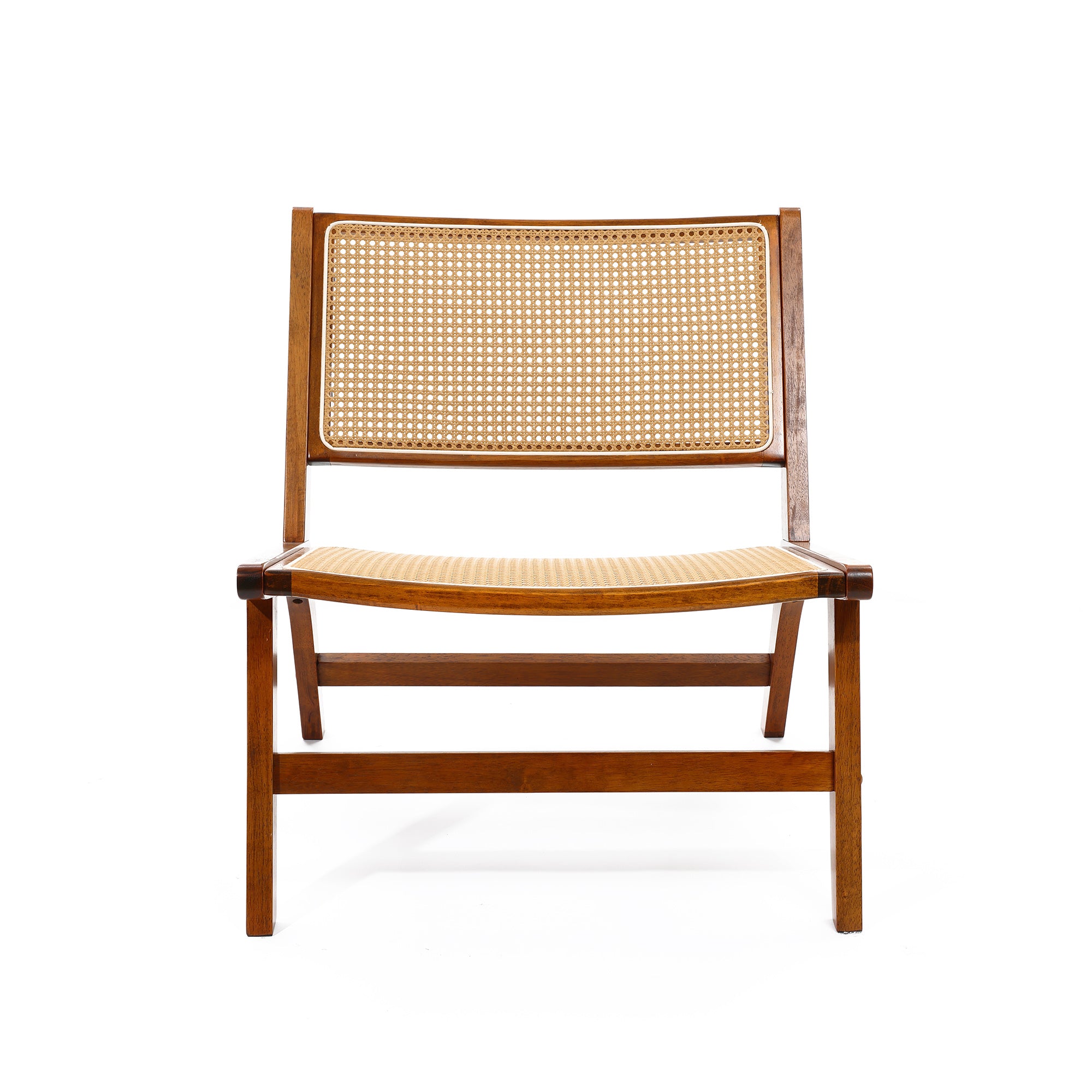 front view of Bamford accent chair. A solid wood frame chair with PE rattan seat and backrest