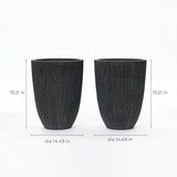 Two identical tall, black cylindrical planters with a concrete-textured finish stand at 19.21 inches in height and 14.49 inches in diameter. These planters are UV and weather-resistant, making them perfect for both indoor and outdoor use.