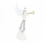Pre-lit angel in a gown with a silver ribbon, wings, halo, trumpet makes charming light holiday decor.