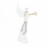 Pre-lit angel in a gown with a silver ribbon, wings, halo, trumpet makes charming light holiday decor.