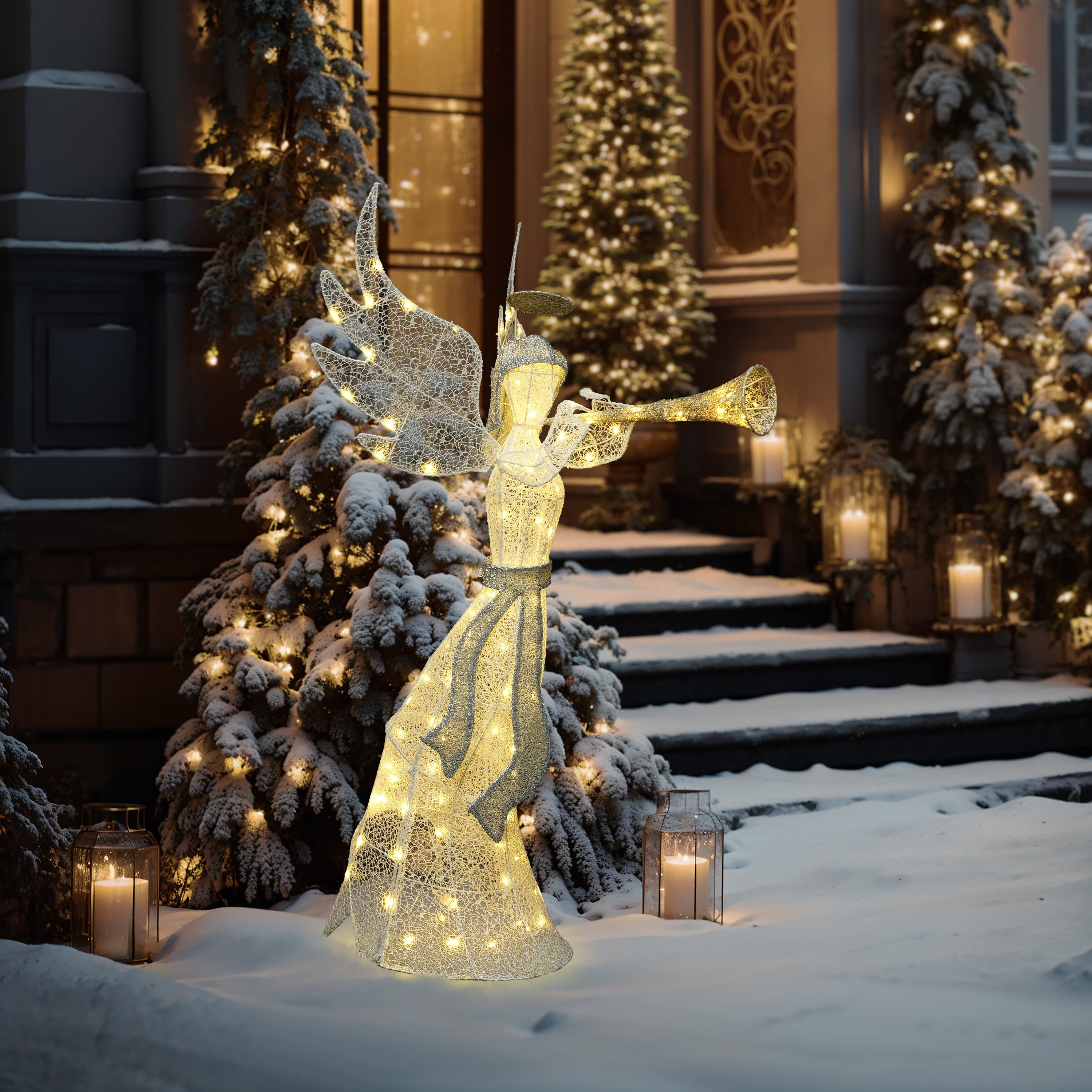 Pre-lit angel holding a trumpet stands in the snow outside,surround by illuminated trees ,lanterns.