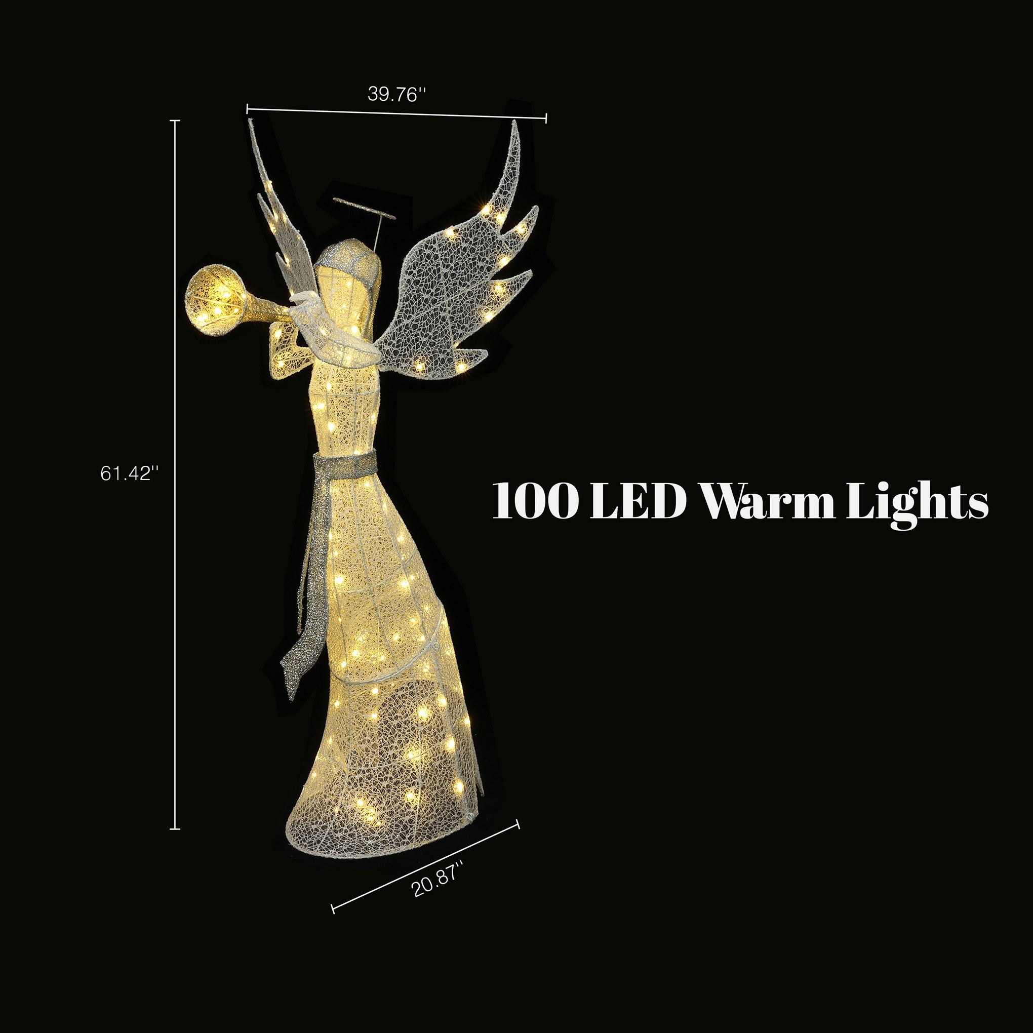 Outdoor angel decoration with wings ,trumpet, stands 61.42" H, 39.76" w, 20.87" D. 