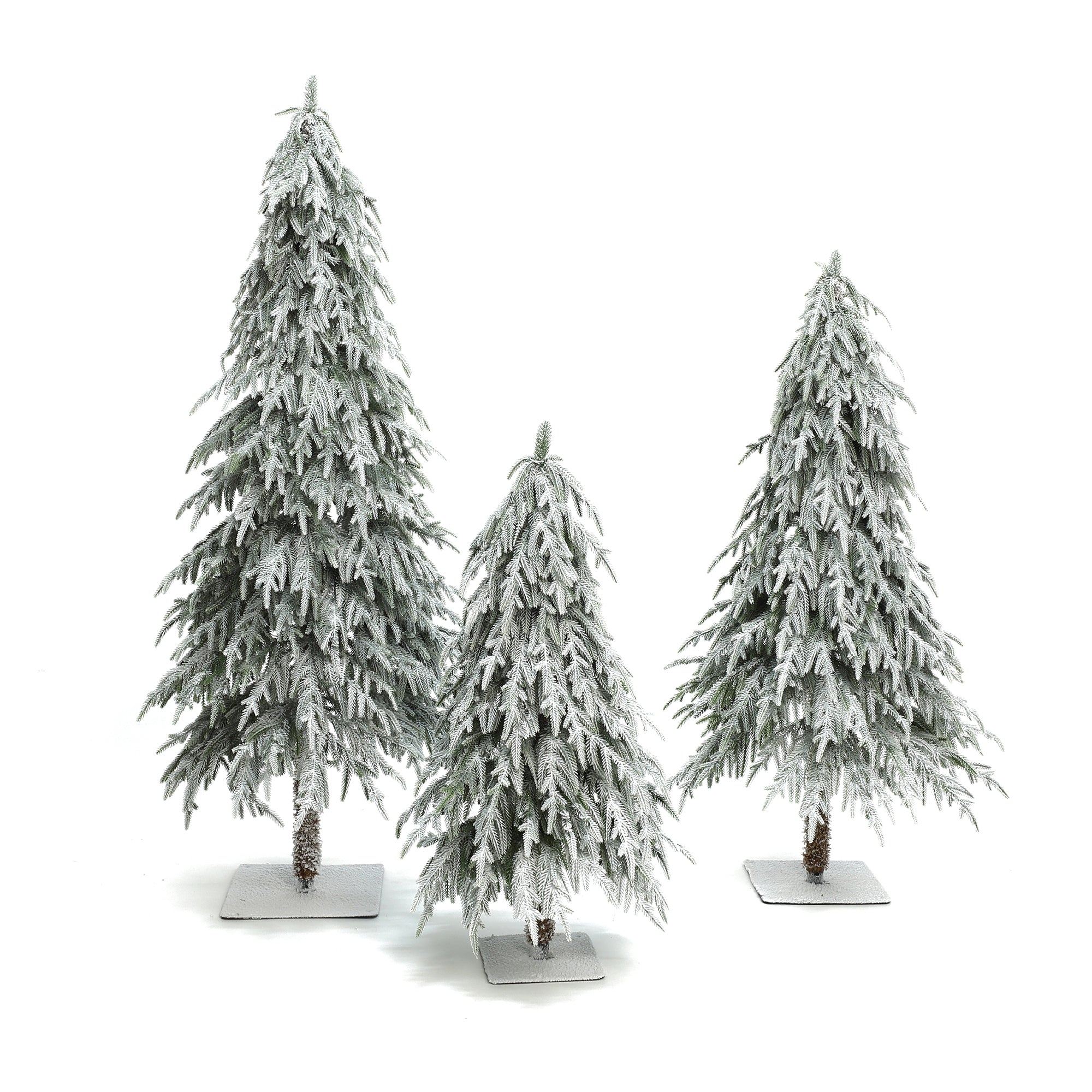 3 artificial pine trees with realistic snow-flocked branches, each standing on base, against plain white background.