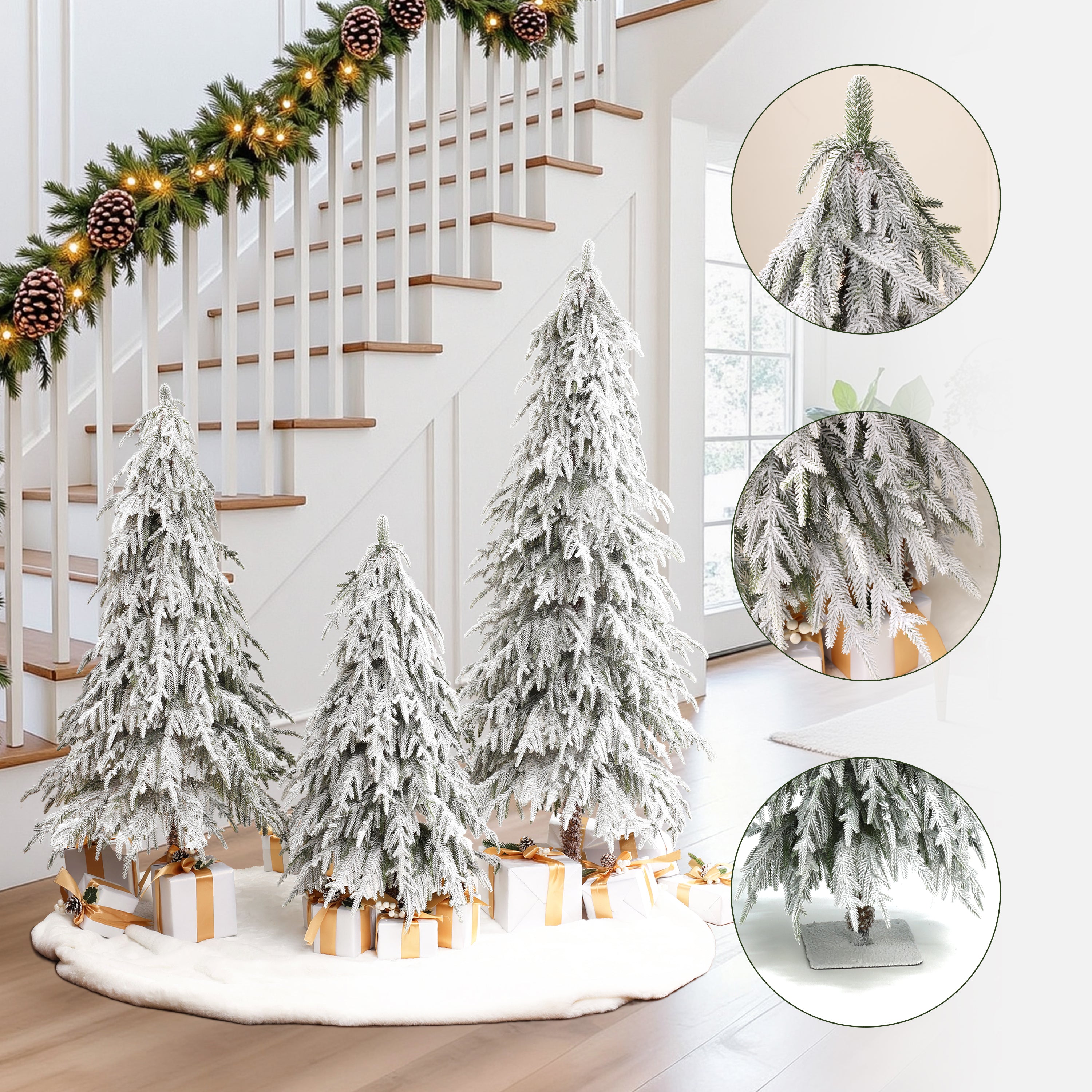 3 snow-flocked cedar trees with gifts displayed by staircase adorned with winter decor. Inset images highlight the realistic branches,sturdy base.