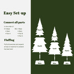Show 3 labeled artificial tree diagrams,featuring realistic snow-flocked branches with assembly steps ,fluffing tips, all set on green, white background.