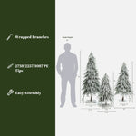 3 artificial trees of varying heights, displayed next to person for scale. Include realistic snow-flocked branches, wrapped branches, tip counts, easy assembly.