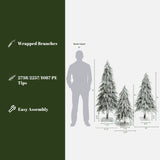 3 artificial trees of varying heights, displayed next to person for scale. Include realistic snow-flocked branches, wrapped branches, tip counts, easy assembly.