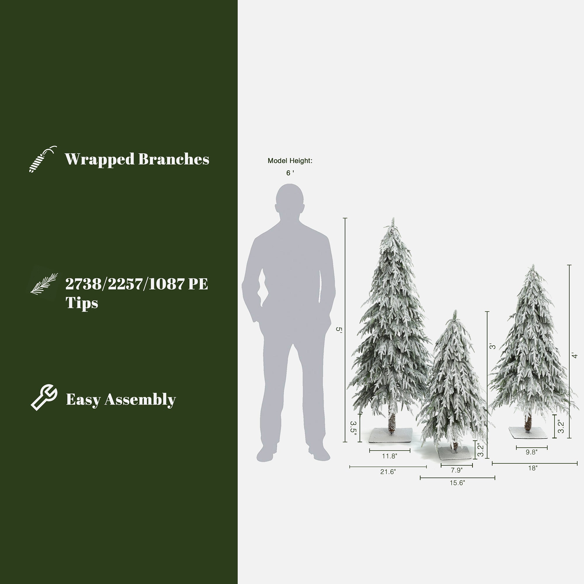 3 artificial trees of varying heights, displayed next to person for scale. Include realistic snow-flocked branches, wrapped branches, tip counts, easy assembly.