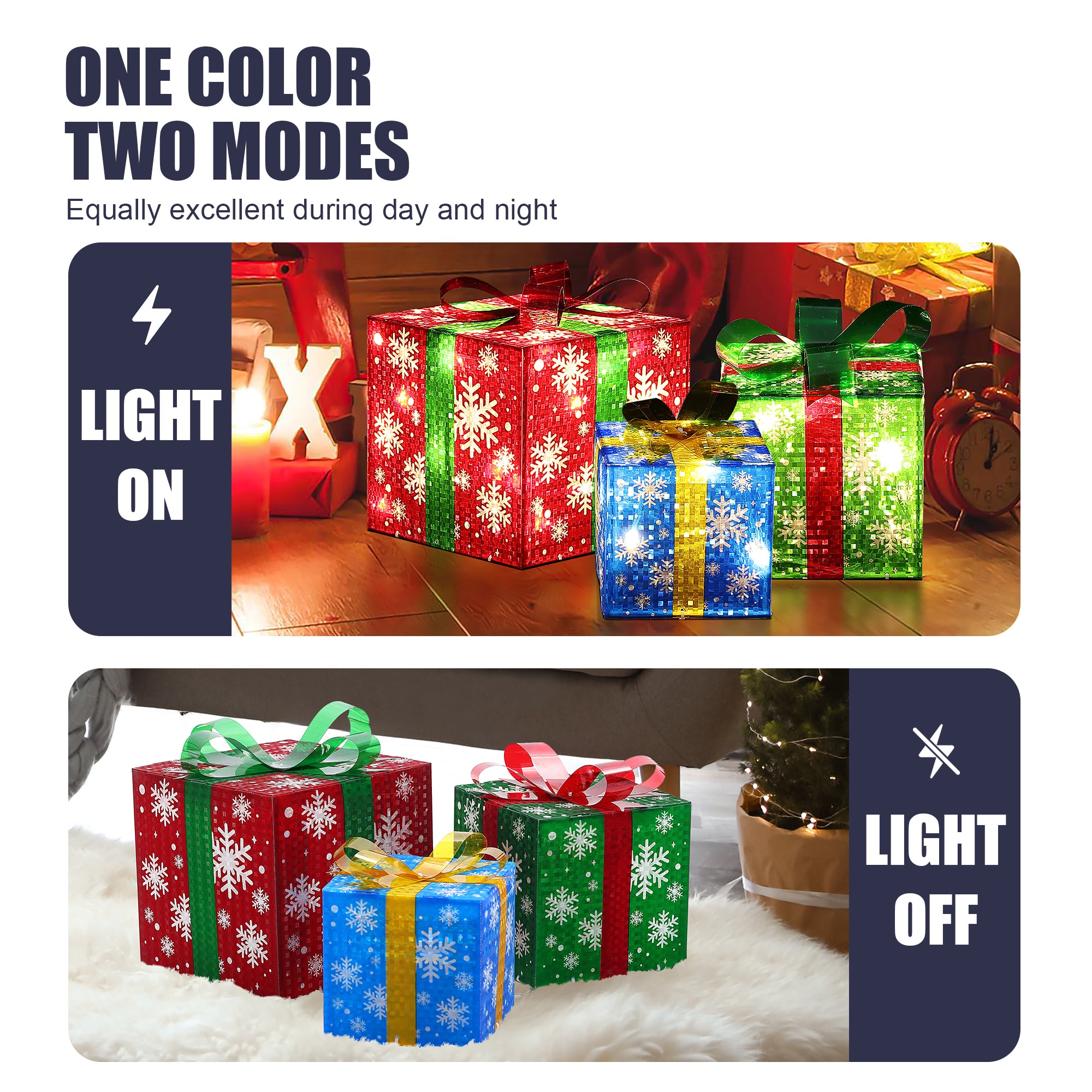 Three decorative LED gift boxes with snowflake patterns are shown with lights on in a dark room and off in daylight.