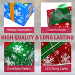 Close-up images show LED gift boxes featuring festive bows, a snowflake pattern, and LED string lights, with text highlighting quality and durability.