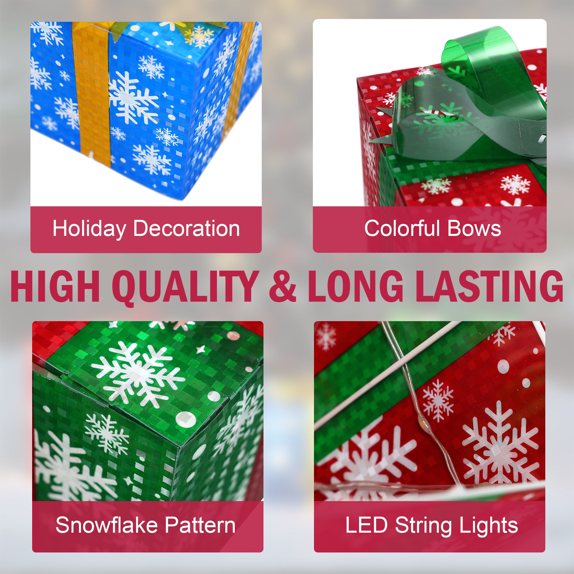 Close-up images show LED gift boxes featuring festive bows, a snowflake pattern, and LED string lights, with text highlighting quality and durability.